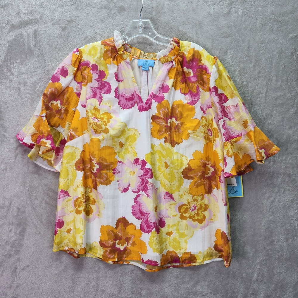 CeCe Womens Plus 1X Radiant Yellow Floral Print Blouse Skirt Set Spring Breakers - Picture 15 of 16